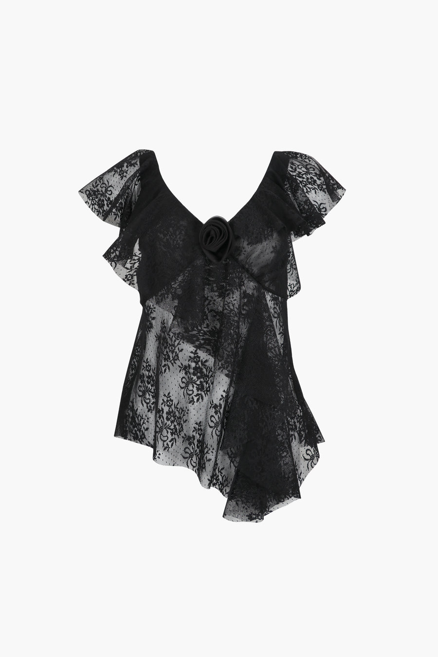 Sleeveless lace top in black with rosette appliques