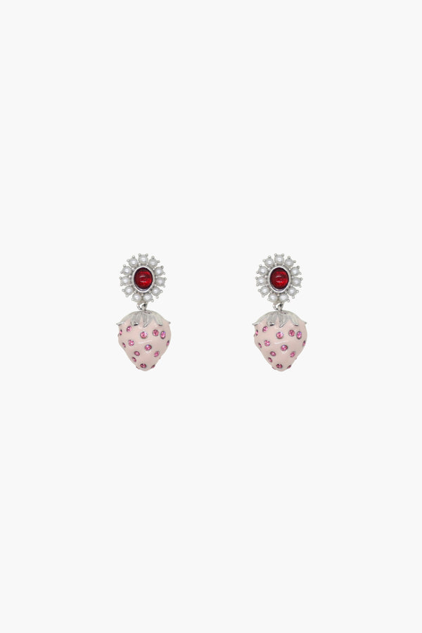 Red glass and pearl drop earrings with pink strawberries