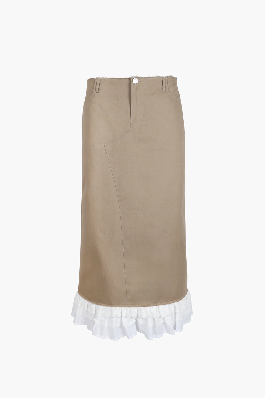 Midi skirt in taupe with eyelet ruffles on hem and back