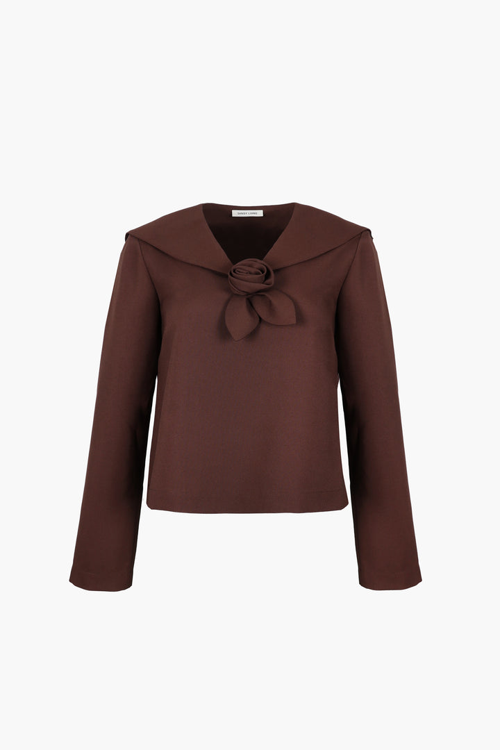 Long sleeve top in brown with sailor color and rose detail at front 