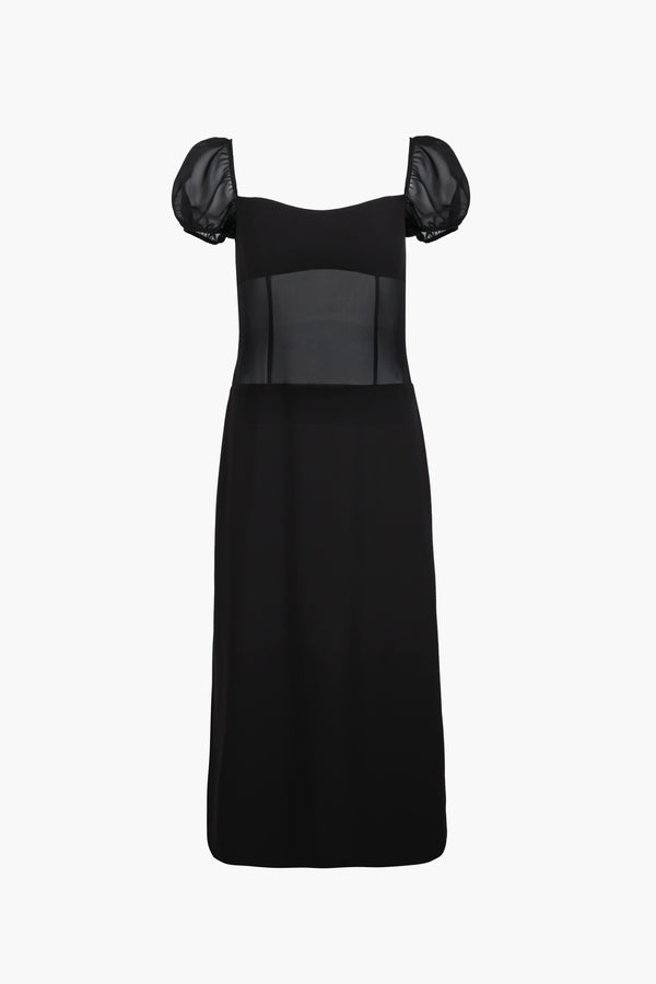 Midi length dress in black with sheer bodice