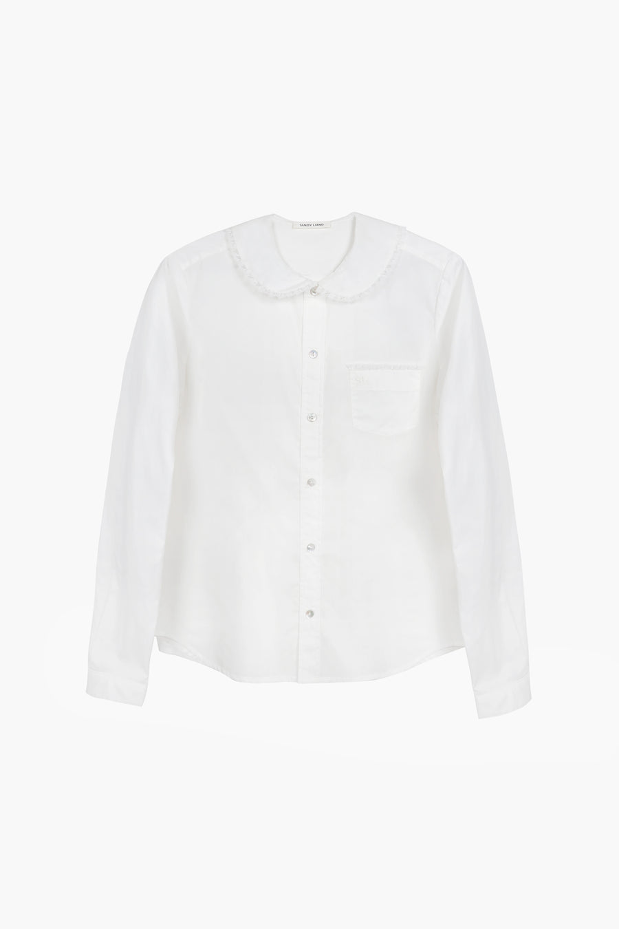 Long sleeve button up collared shirt with lace detail in white