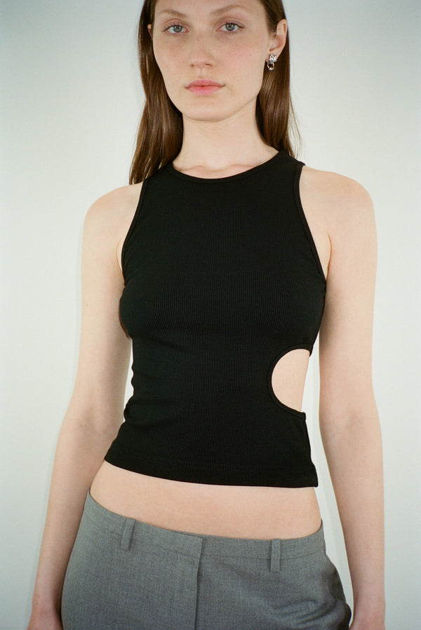 Ribbed tank top with side cut out in black